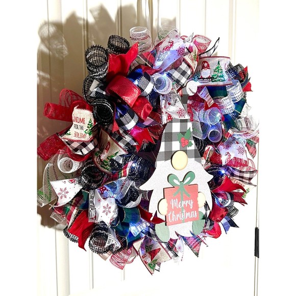 Handmade Merry Christmas Gnome Holiday Ribbon Door Wreath 22 ins W48 - Picture 3 of 11
